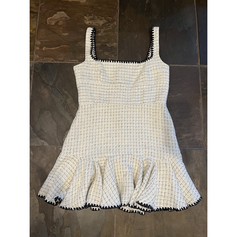 Antonio Melani Dress Womens 10 Ivory Black Aubriella Tweed Ruffle Sleeveles